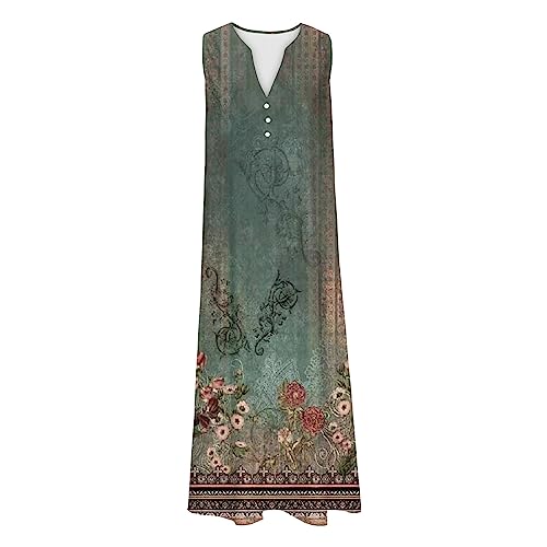 Womens Summer Design Casual Dress Fashion Floral Printed Elegant Dress Sleeveless V-Neck Long Dress with Pockets - Image 4