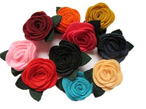 Image of YYCRAFT Pack of 20PCS Felt Rose 1.5 inch 4D Flower Applique /Bow (Style B(Dark Green Leaf), Mix)