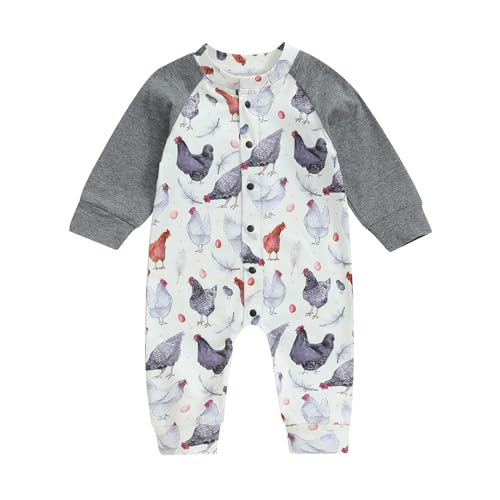 Baby Boy Girl Farm Clothes Animals Chicken Cow Print Romper Jumpsuit Newborn Coming Home Outfit Country Western Stuff (Dark Grey, 0-3 Months)