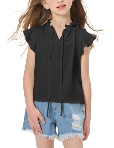 Image of Teen Girls Black Flying Short Sleeve Shirts, Ruffle Chiffon Kids Summer T Shirt Blouse, Casual Cute V Neck Girls Black Top Tees, Size 13-14 Years