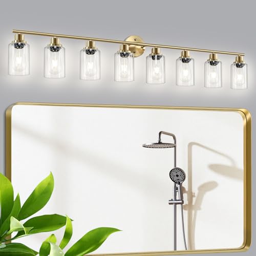 Image of 8-Light Brushed Gold Vanity Lights for Bathroom, Lighting Fixtures Over Mirror with Clear Glass Shade, Modern Kitchen Light Fixtures Wall Lamps Sconce Light - E26 Base