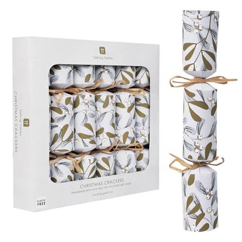 Talking Tables 6 x Christmas Crackers with How well do you know me Game, Party Hat, Botanical Mistletoe White Design Eco-Friendly Xmas Tableware, Recyclable
