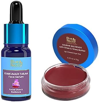 Blue Nectar Lip Tint Balm for Deep Wine Tinted Lips with Organic Ghee & Shea Butter (0.35Oz) And Kumkumadi Face Oil, crafted with natural herbs for radiant skin (0.33 Fl Oz)