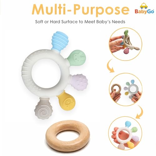 Image of BabyGo 2 in 1 Baby Teether and Teething Ring for Infants | Soft Silicone and Natural Neem Wood Teether | Teething Toy for Chewing, Mouthing, and Sensory Development for Babies 3-12 Months | Pack of 1