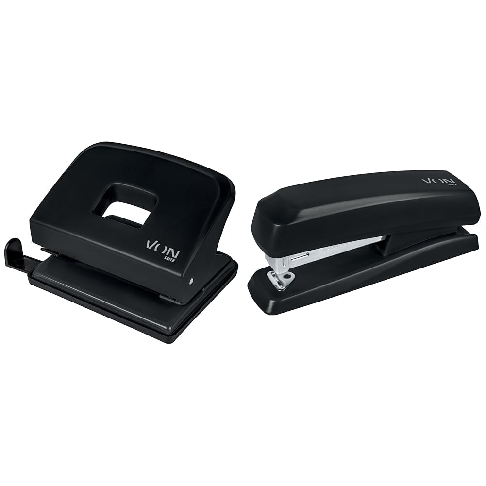 VON Leitz Set Locher & Heftgerät, Für 20 Blatt, Anschlagschiene mit Formatangaben, Kompakte Größe ideal für zu Hause, im Büro oder in der Schule, Metall und Kunststoff, Schwarz, 50200095 + 56200035