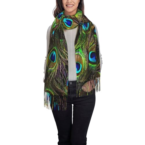 Écharpe à franges motif plume de paon noir, foulard et châle en taille unique pour femme