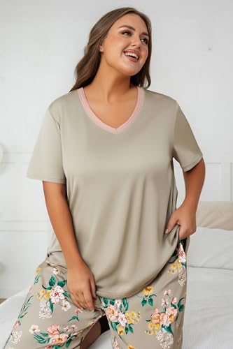 Image of Vozanet Women's Pajama Sets Short Sleeve with Long Pant Soft Sleepwear Printed pj Loungewear With TWO Pockets Size 1X to 5X