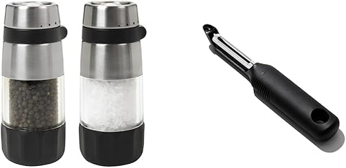 OXO Good Grips - Juego de molinillo de sal y pimienta, acero inoxidable y pelador giratorio de verduras Good Grips