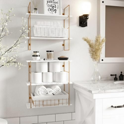 Image of Floating Shelves for Living Room Bedroom Bathroom Kitchen White Rustic Wood Wall Mounted Shelves with Metal Brackets, Storage Shelves for Wall Decor Set of 6-White