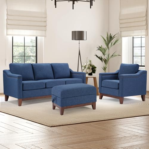 Image of HAOMARKETS Modern 3 Piece Sofa Set with Rivets, Included Chenille Accent Chair, Upholstered 3-Seater Couches with Solid Wood Legs and Storage Ottoman, Living Room Furniture Set,Blue