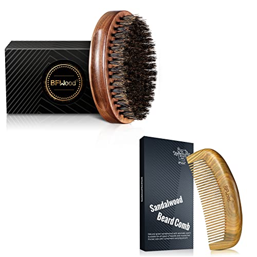 BFWood Beard Comb Brush Set for Men - Natural Boar Bristle Brush and Pocket Sandalwood Beard Comb - Great for Beards and Mustaches