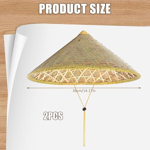 DAGLLGEW Lot de 2 Chapeaux de Riz, Chapeau Conique Oriental Chinois en Bambou avec Corde réglable, Casquette Pluie Touristique en Paille Riz tissée 14 Pouces pour la pêche agricole – vue 5