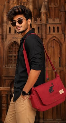Image of Rough Canvas Cotton Messenger Sling Bag, (32x23x10cm, 7.5L) Medium Size. Patching with Elephant Design