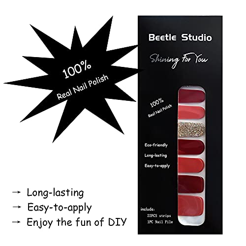 Beetle Studio 22 Pcs Full Nail Polish Strips Nail Wraps Decal Street Adhesive Nails Stickers False Nail Design Nail Polish Strips With Nail Files For Women Girls,#1197-Wine Red Colorful Flash #TOP3