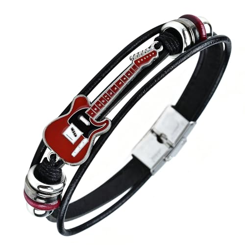 ROJEMXVE Guitar Leather Bracelet for Men Women, Unique Braided Handmade Cuff Rock Multilayer Cords Wrap with Metal Clasp, Musical Jewelry Gift Red