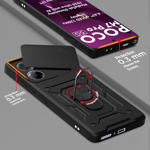Image of Pikkme Back Cover for Poco M7 Pro 5G | D10 Tough Armor | 360 Protection Case | Sliding Camera Shield Cover & Ring Holder Stand Bumper Case (Black)