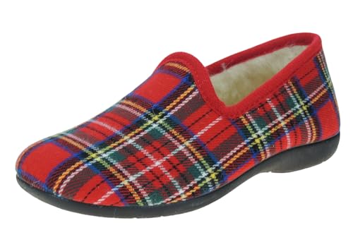Calzados Romero. Zapatilla de Casa en Paño Escocés para Mujer Forro de Lana. Rojo Talla 40