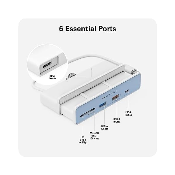 HyperDrive 6in1 USB Hub Adapter: HDMI 4K60Hz, USB-C 10Gbps, 2 USB-A 10Gbps, SD UHS-I, MicroSD UHS-I for iMac 2021 24 inch - Image 4