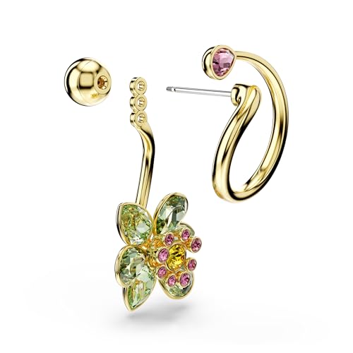 Swarovski Idyllia drop earrings, Asymmetrical design, Mixed cuts, Flower, Multicolored, Gold-tone finish3