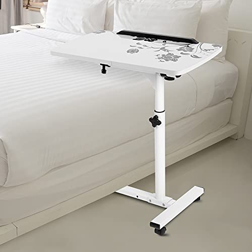 Tavolino Portatile per Computer con Ruote, Altezza Regolabile, Forma a C, Struttura in Metallo, per Letto e Divano, Uso Domestico e Ufficio, Bianco