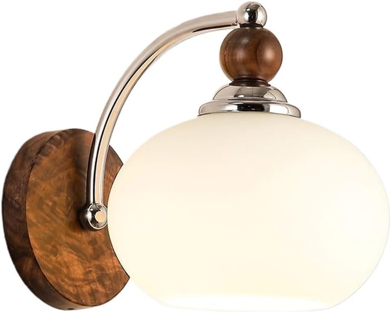Mid-Century Modern Black Walnut Wood Wall Sconce with Frosted Glass Globe, Bedroom Bedside Vanity Wall Light Fixture, Nordic Style Chrome Finish Wall Lamp for Living Room Hallway Parlor