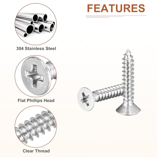 Image of DTGN 100Pcs #6x3 /4 inch Flat Head Wood Screws, 304 Stainless Steel Phillips Self Tapping Screws - Good for Woodworking, Furniture - Silver