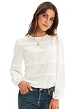 Camisa elegante de las mujeres escote clásico, diseño de manga larga hombros de soplado, borde crudo, te hace muy animado lindo