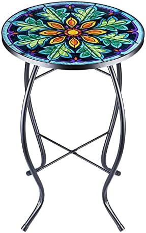 VCUTEKA Outdoor Side Table Mosaic End Table Patio Side Table Small End Table Glass Top Round Balcony Coffee Table Porch Indoor Glass Top