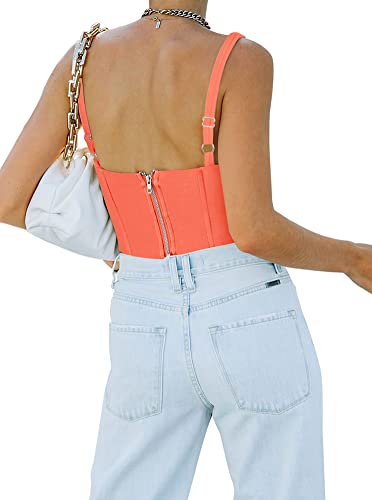 Reoria Women's Summer Sexy Square Neck Sleeveless Trendy Night Club Cropped Tank Top Cute Going Out Bustier Corset Crop Tops Neon Pink X-Large #TOP1