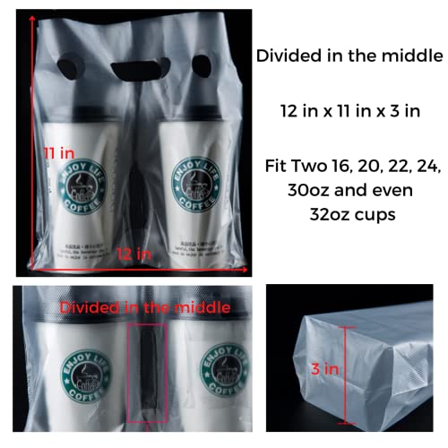 100 Pcs Handle Drinking Poly Bags, Clear Plastic Packaging Bags For Food Delivery, 12" X 11" Hold Up To 32Oz Cups, Hanging Hole Cup Carrier With Handle For Take Out, Beverage #TOP3