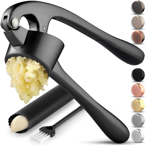 Image of Zulay Kitchen Large Premium Garlic Press Set - Bigger Bowl for Bigger Garlic - Rust Proof Garlic Mincer Tool - Easy-Squeeze, Easy-Clean Silicone Garlic Peeler & Brush (Dark Gray)