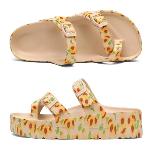 Image of TIKVAW Womens Arch Support Platform Sandals Comfort Slides Thick Soles Flat Sandals With Adjustable Buckle & Ultra Cushion