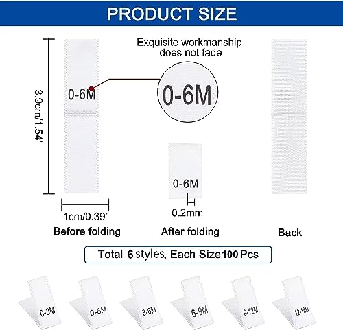 NBEADS 600 Pcs Clothing Month Labels, 6 Styles Cloth Sewing Labels Embroidered Label Size Labels Tags for Clothing Sewing Sew on Clothes, White
