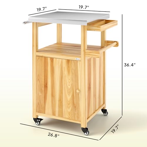 Outsunny Outdoor Grill Cart with Wheels, Stainless Steel Top, Solid Wood Outdoor Kitchen Island with Storage Cabinet, Integrated Hole, Movable Bar Cart with Spice Rack, Side Handle for BBQ, Natural