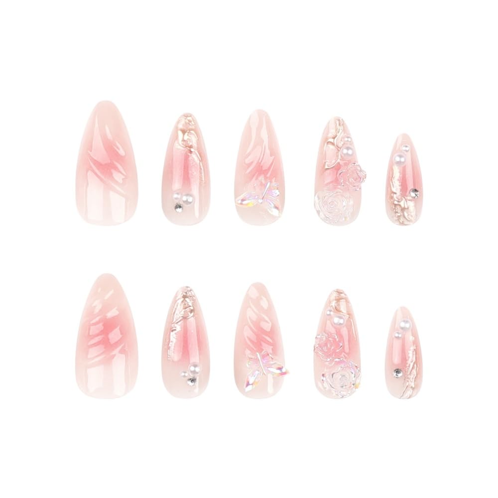 JUSTOTRY 24 Pcs Butterfly Almond False Nails Short,Press on Nails with 3D Sculpting Metallic Pattern,Glossy Pink Fake Nails Medium for Nail Art,French Oval Pearls Stick on Nail for Women Gifts - Image 4