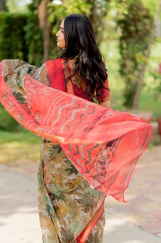 Image of MIRCHI FASHION Kota Doria Cotton Saree with Blouse Piece | Leaf Floral Printed Saree for Women | Traditional Ethnic Daily Wear Summer Saree