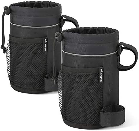 MIZATTO Bike Cup Holder - 2 Pack Water Bottle for Universal Holders Bike, Boat, UTV/ATV, Scooter, Wheelchair etc Cage with Net Pocket and Cord Lock (Black)