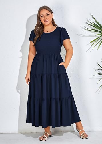 KIMCURVY Women's Plus Size Summer Casual Dress Crew Neck Flutter Short Sleeve Smocked Tiered Maxi Dress with Pockets2