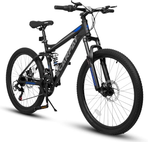 Ecarpat 24 Inch Mountain Bike, Dual Full Suspension Mountain Bike, 21-Speed Disc Brakes, Carbon Steel Frame,Trail Commuter City Bicycles