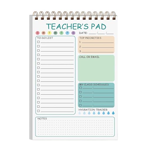 教師用メモ帳シート - デイリープランナーメモ帳 | 50枚 Teacher To-doリストパッド、5.8 x 8.3インチ スパイラル綴じメモ、かわいい筆記整理、ツインコイルタスクスケジューラー 教室小学校用