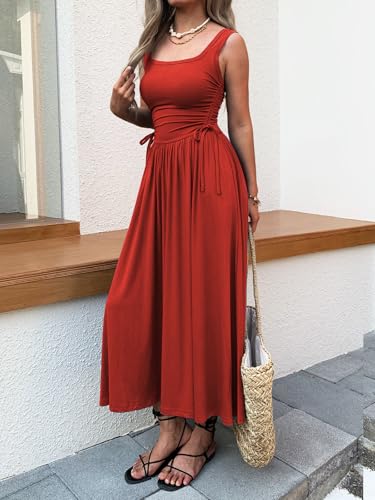 Image of Mieazom Women's Boho Summer Maxi Dress with Pockets, Adjustable Waist, Sleeveless Casual Ruched Sundress for Beach Vacation
