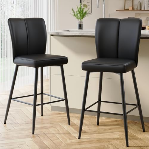 Image of Counter Height Bar Stools Set of 2,27''Kitchen Island Stools with Back,Black Barstools with Sturdy Metal Legs,Modern Bar Stools Ideal for Kitchen Island Pub Cafe(Faux Leather-Black)