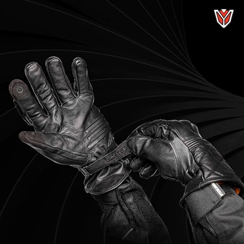 Image of Ignyte Streak Leather Gloves Full Finger Waterproof Bike Riding Gloves with Touch Screen Sensitivity at Thumb and Index Finger, Protective Off-Road Motorbike Racing (M, Black)