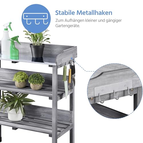 Yaheetech Pflanztisch Outdoor wetterfest, Gärtnertisch 77 x 37 x 90 cm mit verzinkter Arbeitsplatte & 2 Ablagefächer & 3 Haken Blumentisch aus Tannenholz für Garten/Balkon/Terrasse Grau