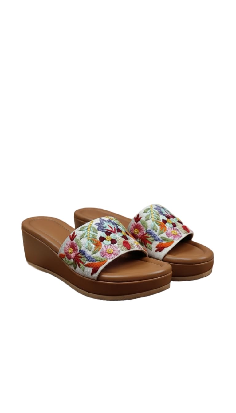 Women's Floral Embroidered Brown Wedge Sandals