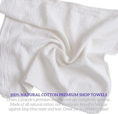 Image of GREEN LIFESTYLE Shop Towels 12 inch x 14 inch 150 Pack - White Cotton Shop Towels, Cleaning Rags Bulk, Reusable Shop Rags, Durable Cleaning Cloths for Garage, Automotive, Industrial and Home