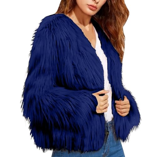 PIFAME Faux Fur Coat Women Open Front Furry Coats Long Sleeve Parka Shaggy Jacket 2024 Winter Cardigan Outerwear Navy 5X-Large