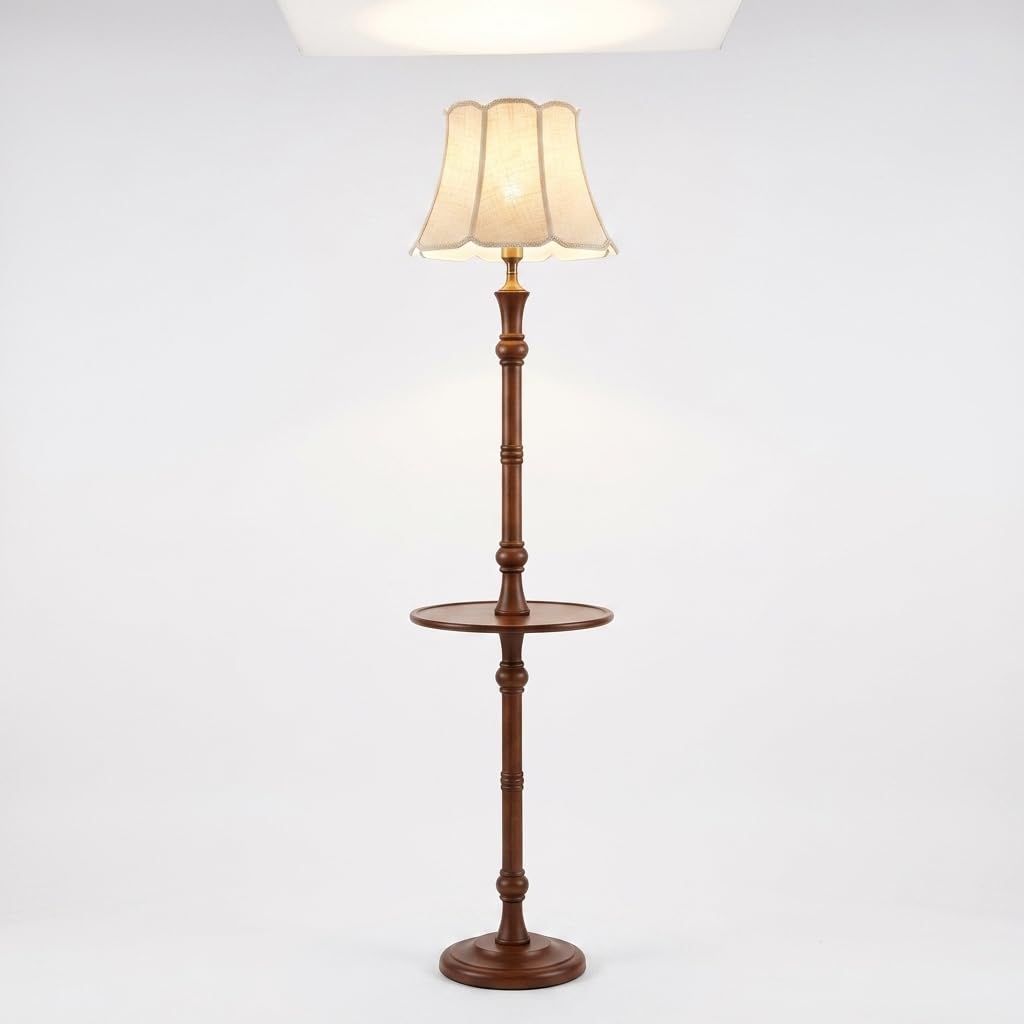 Lampada da Terra in Legno con Ripiani, Piantana Multifunzionale per Salotto e Soggiorno, Design Mid-