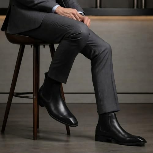 Image of Hayes London Chelsea Boots for Man | Crust Leather Black Ankle Boots | Cuban Heel Pointed Toe Stylish Formal & Casual Boots for Men | Slip-On Elastic Side Panel