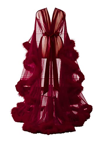 Changuan Sexy Feather Robe Long Fur Tulle Robe Sheer Lingerie Maternity Photoshoot Dress Sleepwear Nightgown Bathrobe